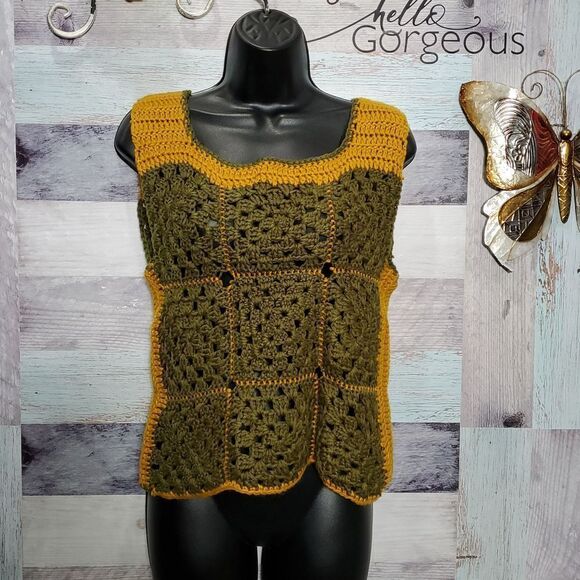 Handmade Knitted Crochet Olive Green Mustard Yellow Sleeveless Vest Shell Blouse - Picture 1 of 7